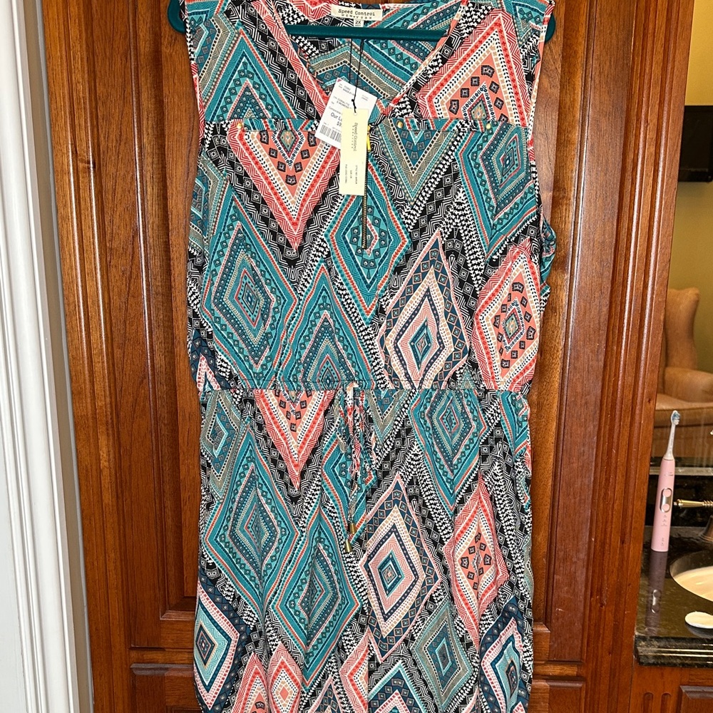 Speed Control Teal and Coral Geometric Midi Dress